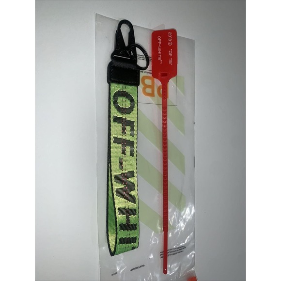 OFF-WHITE Lanyard Keychain With Clasp Bright Green And Black With Zip Tie, NEW - Picture 1 of 6